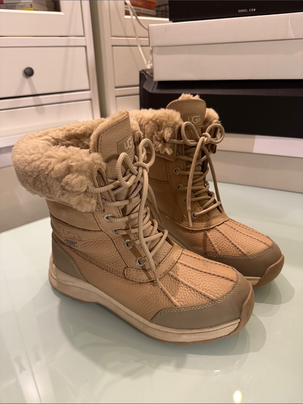 UGG Women's Beige/Tan Lace-Up Sherpa Winter Boots